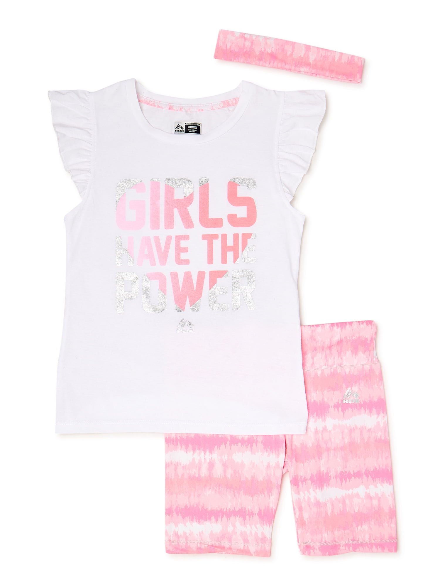 RBX Girls Ruffle T-Shirt and Tie Dye Bike Shorts, 2-Piece Active Set, Sizes 4-16