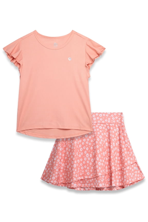 Girls Skorts Set - 2 Piece Short Sleeve Ribbed Shirt and Stylish Ruffle Bike Skort for Girls