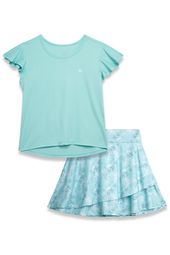 Girls Skorts Set - 2 Piece Short Sleeve Ribbed Shirt and Stylish Ruffle Bike Skort for Girls