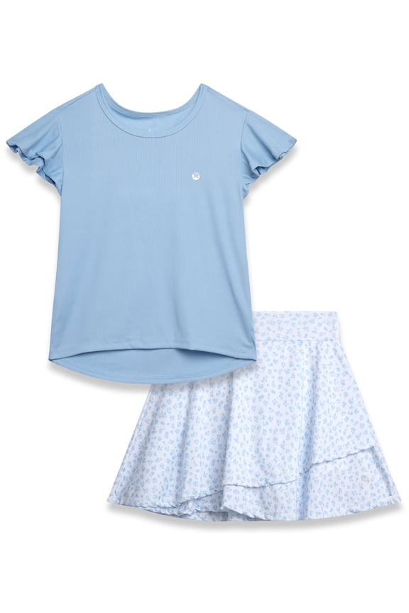 Girls Skorts Set - 2 Piece Short Sleeve Ribbed Shirt and Stylish Ruffle Bike Skort for Girls