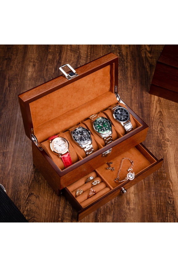 Ash Wood Jewelry & Watch Storage Box with Lock - double-layer Organizer, Custom Logo, Vintage Design for Home, Travel, Gifts (Dark Brown/Light Brown/Gray)