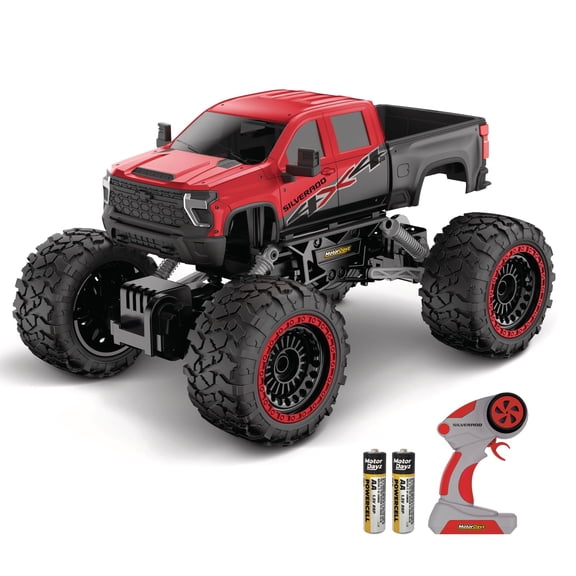 RC 4WD Heavy Metal Chevrolet Silverado Truck  1:14 Scale Remote Control Car, Stamped Metal Body, 2.4GHz Full-Function Radio Control, USB Rechargeable, Ready to Run, Red
