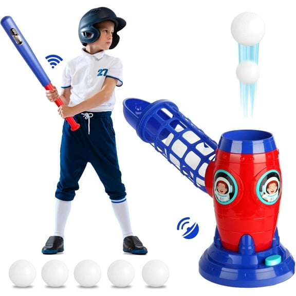 RC Baseball Pitching Machine Set Electronic with Remote Control Bat and 5 Balls for Kids Ages 3-12