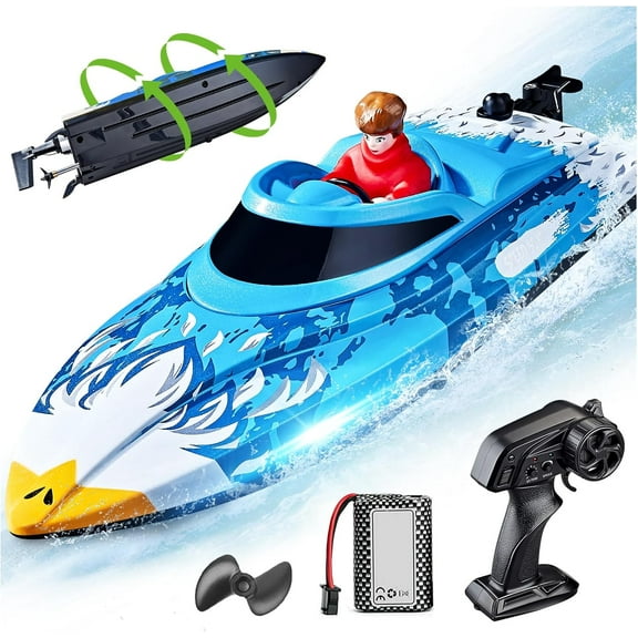RC Boat, 12 inch Self-Righting Remote Control Boat, 25 KPH Fast RC Speed Boats with 700mAh Battery, Ideal Waterproof Toy for Lakes & Pools - HJ822 Blue(Q)
