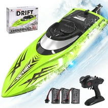 RC Boat-2.4GHZ Remote Control Boat with LED Lights and Alarm,With 3 Batteries 60+Min,High Speed RC Racing Boats for Lakes,Pool Toys for Kids & Adults,Green
