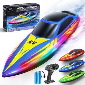 Zeemoto 10 Inch RC Boat, 15 KM/H Remote Control Racing Boat with 7-Mode LED Lights, 3 Speeds, 2 Batteries, Auto Flip Recovery, Blue