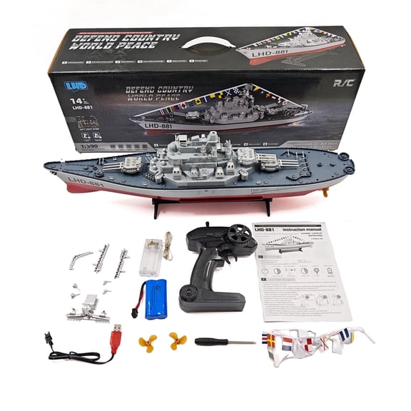 RC Boat for Adults, 1/390 2.4G RC Electric High-Frequency Twin-Engine Waterproof Military Battleship Model with Led Lights for Pools and Lakes, Collection & Gift (RTR Version)