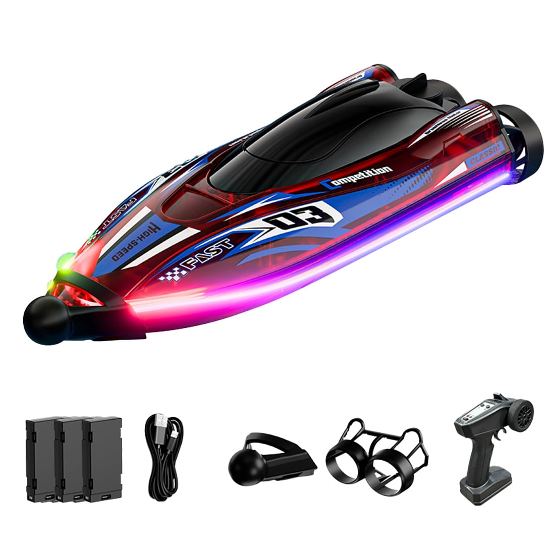 RC Boat with Color-Changing LED Lights, Dual Dynamic light, 2.4GHz High-Speed Remote Control Boat, Waterproof & Impact-Resistant for Lakes, Ponds, Swimming pools