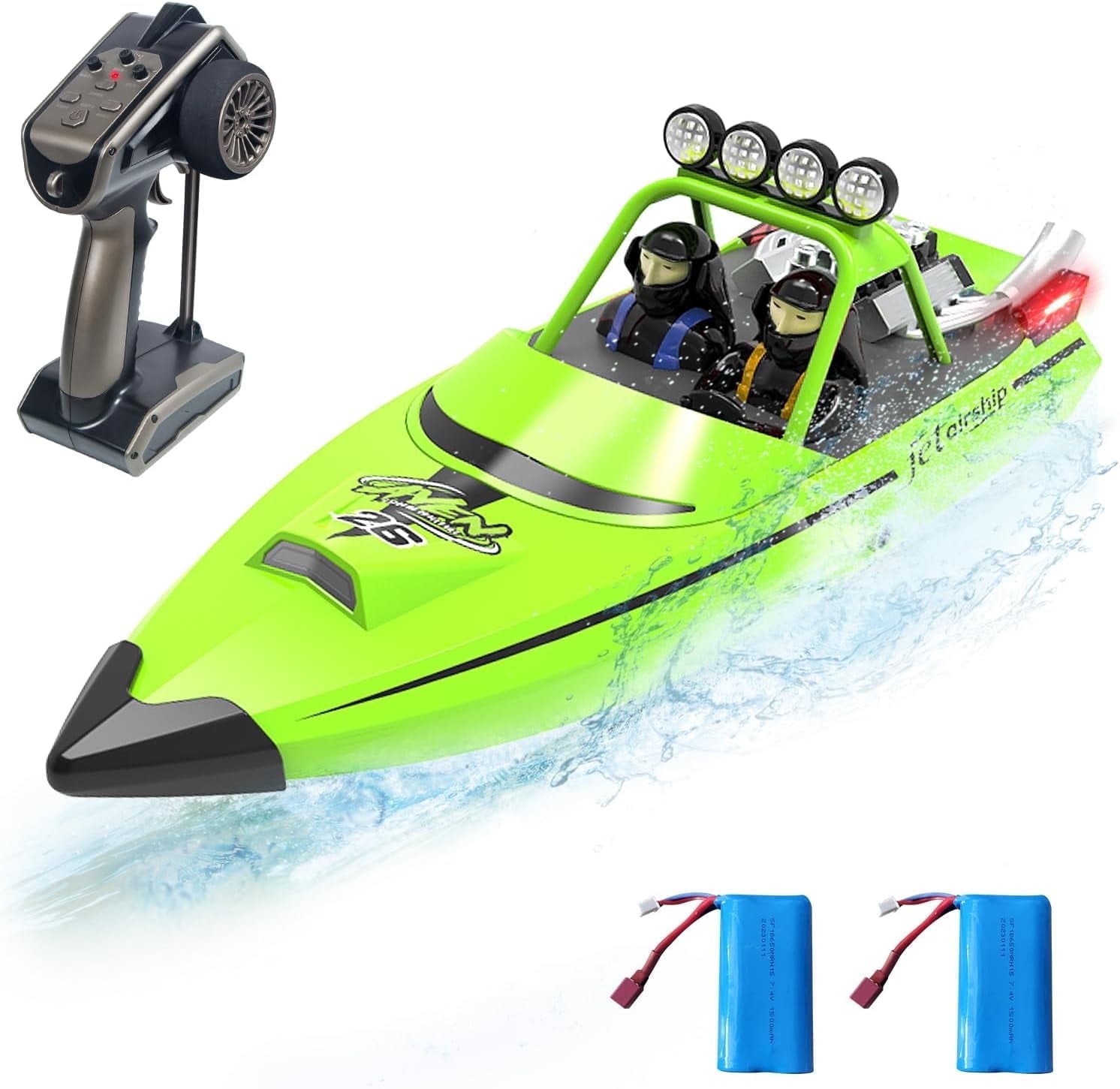 RC Jet Boat – Funtogether Toys Toy Jet Ski with Remote Control, 2.4GHz, LED Lights, 20MPH Fast Racing, 2 Rechargeable Batteries, Green