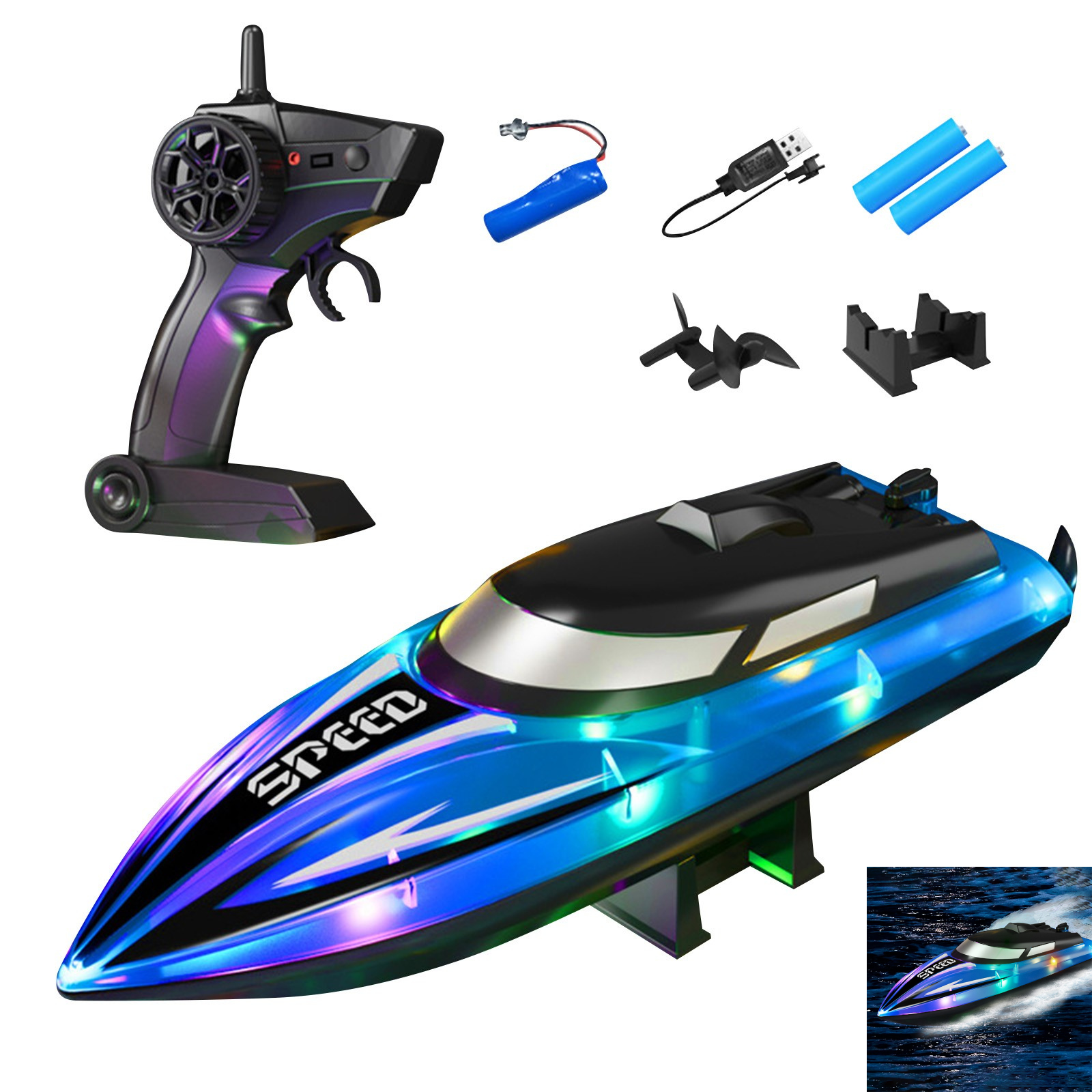 RC Boat with LED Lights - 14Inch Remote Control Boat for Kids and Adults, 2.4Ghz Fast RC Boats 15 KPH for Lakes & Pools with Rechargeable Battery, Summer Toys Gifts for Kids Age 8-12 White