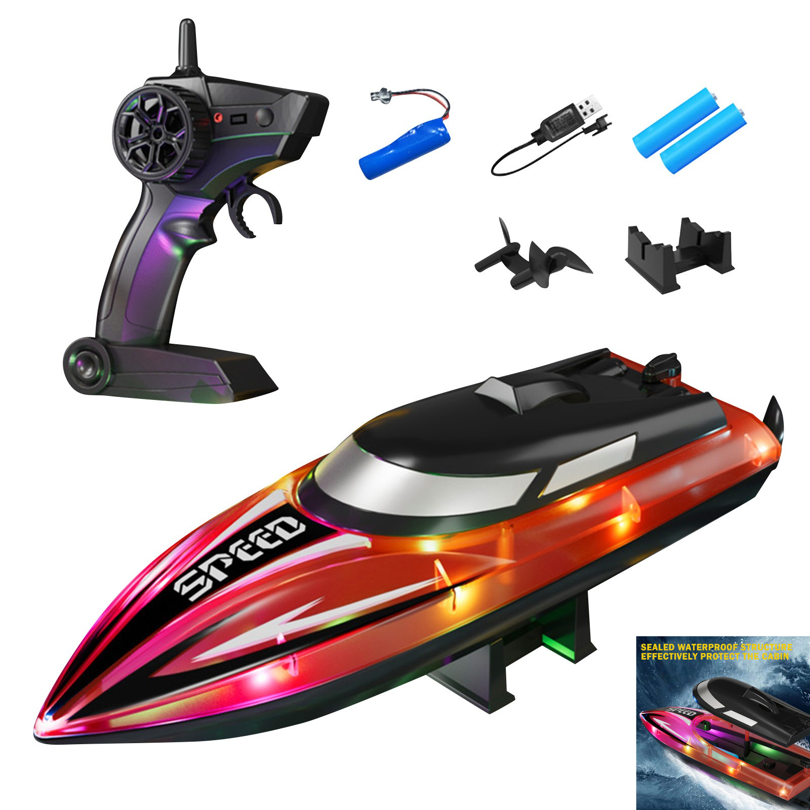 RC Boat with LED Lights - 14Inch Remote Control Boat for Kids and Adults, 2.4Ghz Fast RC Boats 15 KPH for Lakes & Pools with Rechargeable Battery, Summer Toys Gifts for Kids Age 8-12 Red