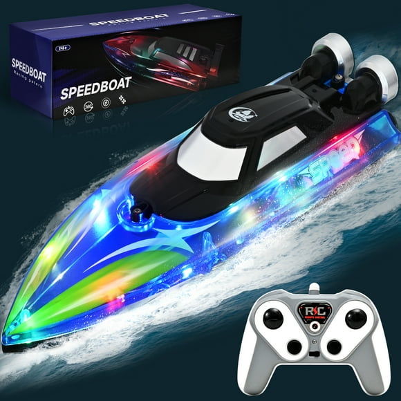 RC Boat - LED Remote Control Boat for Kids,10+KMH RC Boat for Pools/Lakes/River/Water with Light