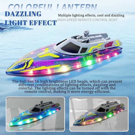RC Boat with LED Lights High Speed Remote Control Speedboat for Pools and Lakes Dual Control Watercraft 2.4GHz Electric Racing Boat Light Blue