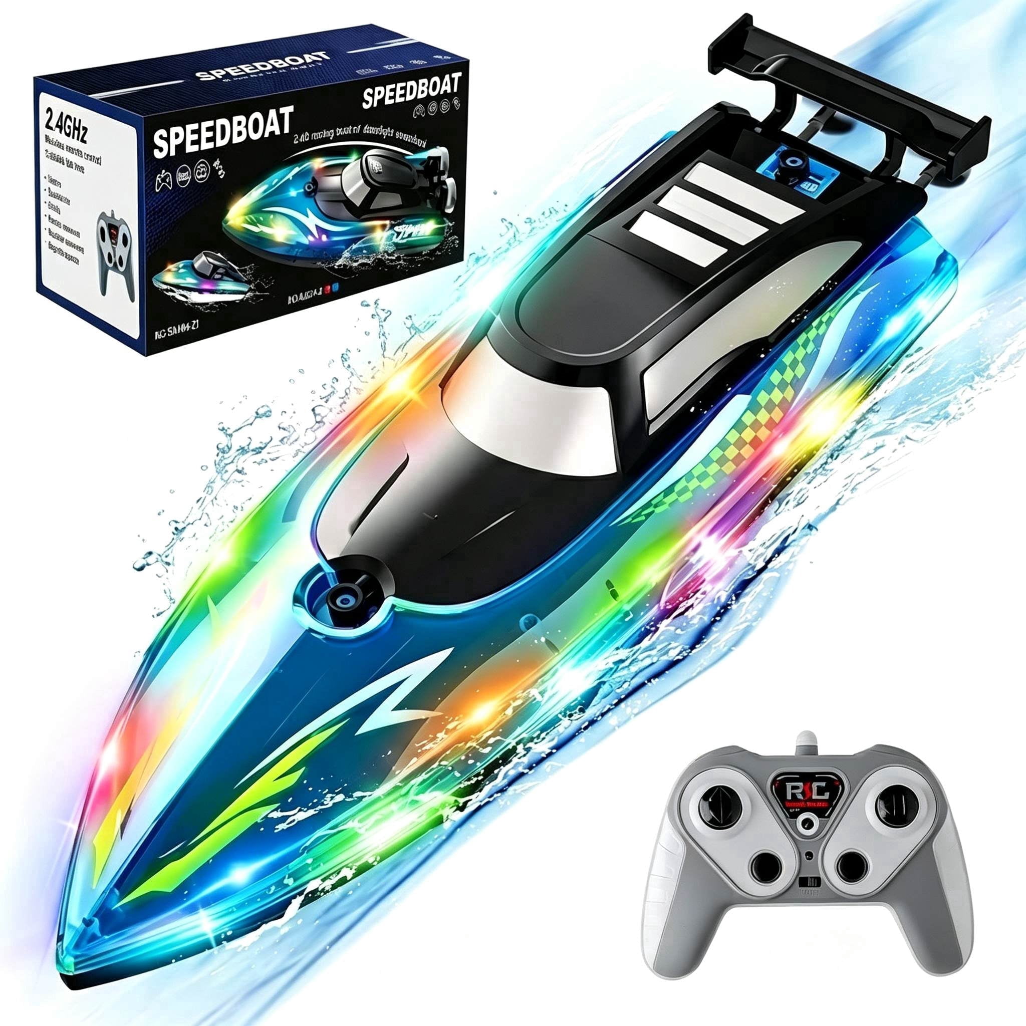 Tigozz RC Boat with LED Lights for Adults and Kids, 2.4GHz Fast Remote Control Speedboat for Lakes and Pools, Motorized High Speed Water Toys, Blue