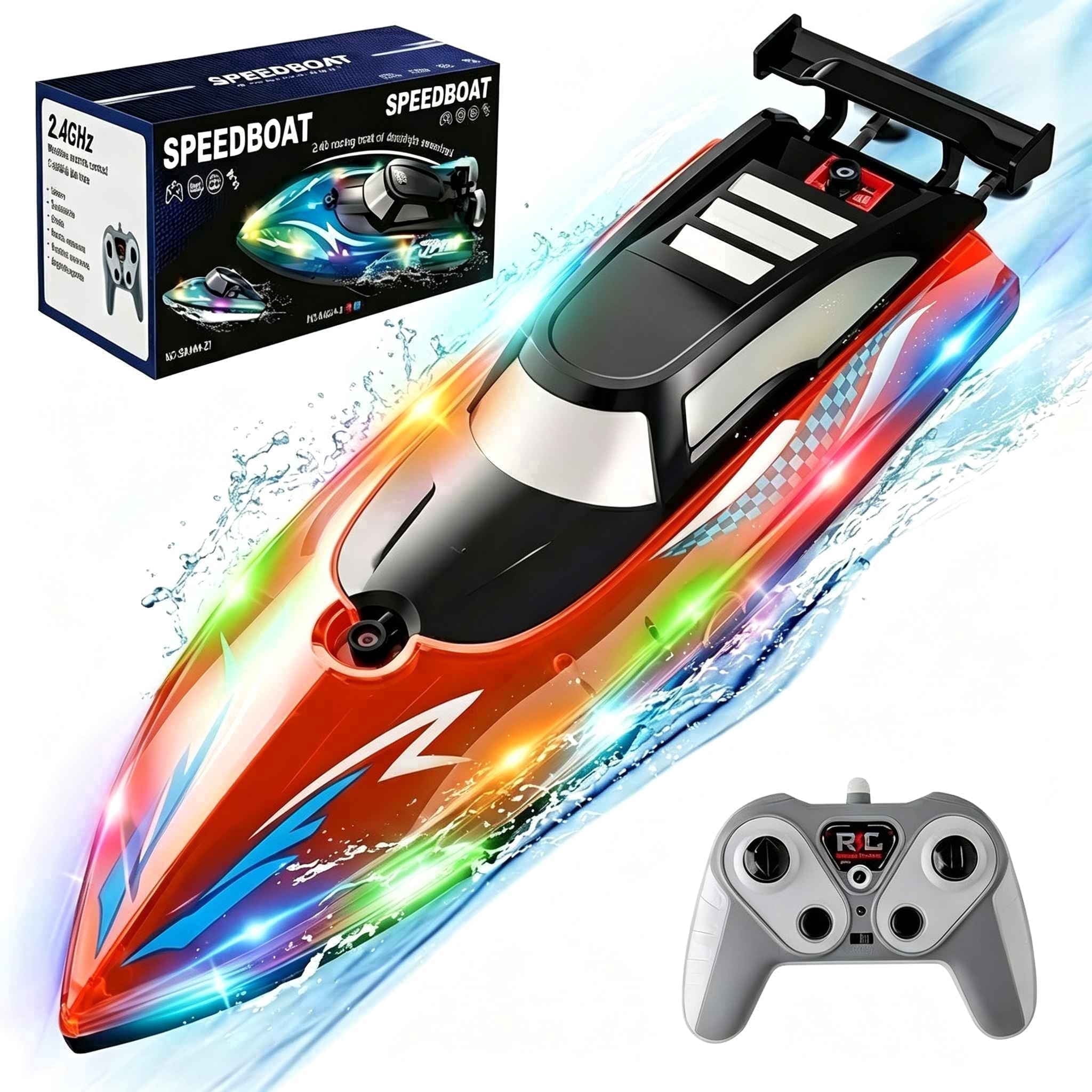 Tigozz RC Boat with LED Lights for Adults and Kids, 2.4GHz Fast Remote Control Speedboat for Lakes and Pools, Motorized High Speed Water Toys, Red