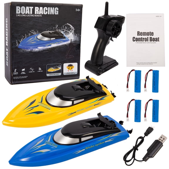 RC Boats 2-Pack High Speed 10km/h Remote Control Racing Boat for Kids and Adults, 2.4GHz with 4 Rechargeable Batteries for Pool Lake and Pond Outdoor Water Fun Blue Yellow