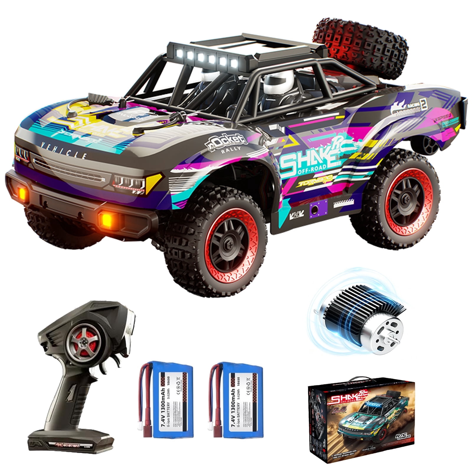 RC Car 1:18 Scale 4WD High Speed 40km/h Remote Control Truck, 380 Brushed Motor, Off-Road Monster Crawler with LED Lights and 2 Batteries