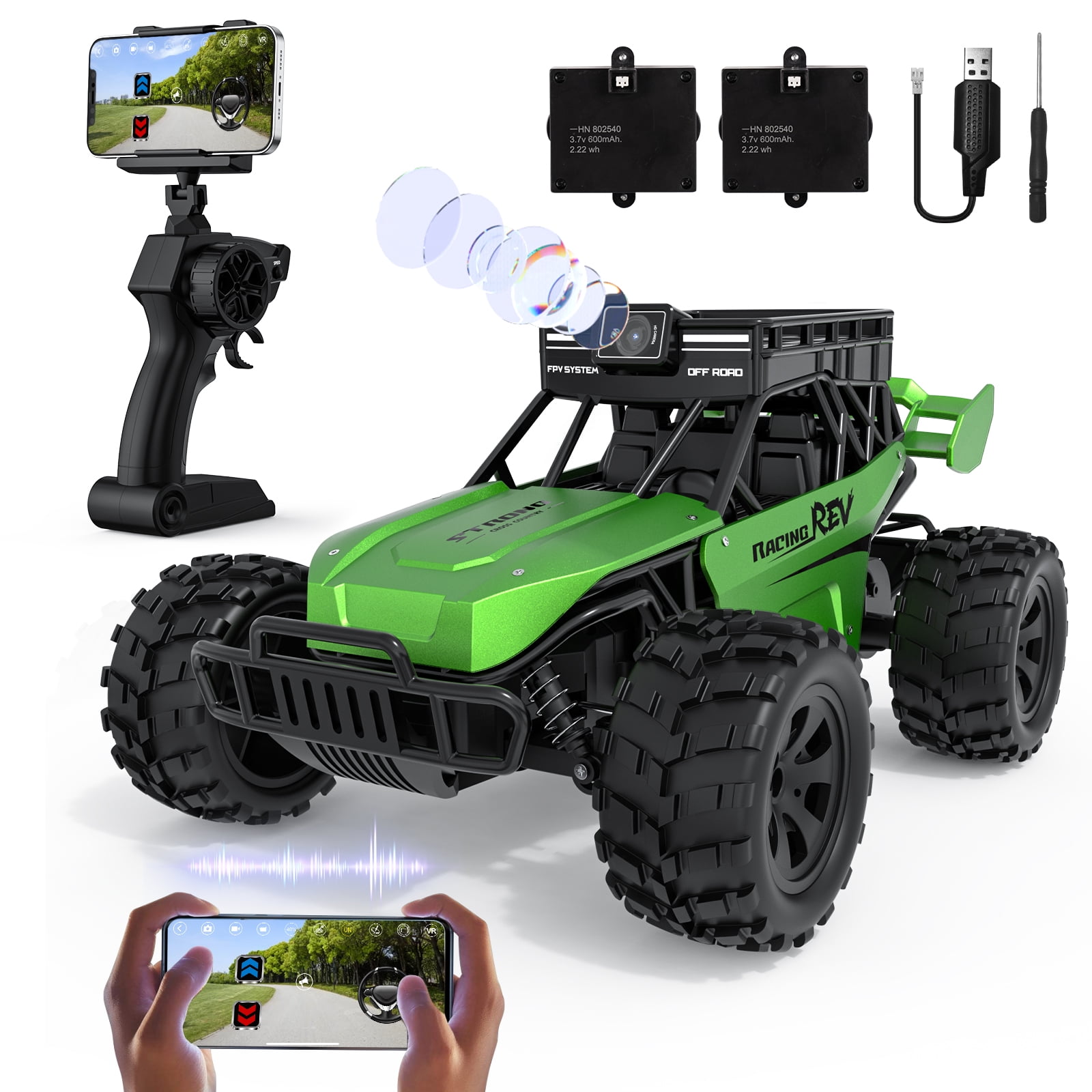 RC Car 1:18 Scale off-Road Remote Control Truck with Camera Toy Xmas Gifts for Kids Adults 2 Batteries Green