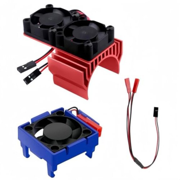RC Car Motor Cooling Fan Dual System 4.8-6V for 1/10 Scale Electric Vehicles, Aluminum Alloy Heat Sink with IP44 Water Resistance, Includes Power Cable and Installation Kit(Red)