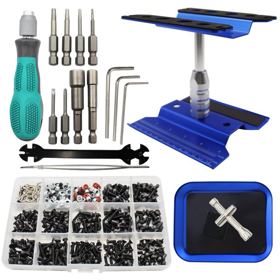 RC Car Repair Work Stand Repair Tool Set Rotation and 523 PCS RC Screws Kit & RC Screwdrivers and Screws Pallet Kit for 1/8 1/10 1/12 1/16 1/18 RC Car Truck Buggy Vehicle Scale Accessories Y101