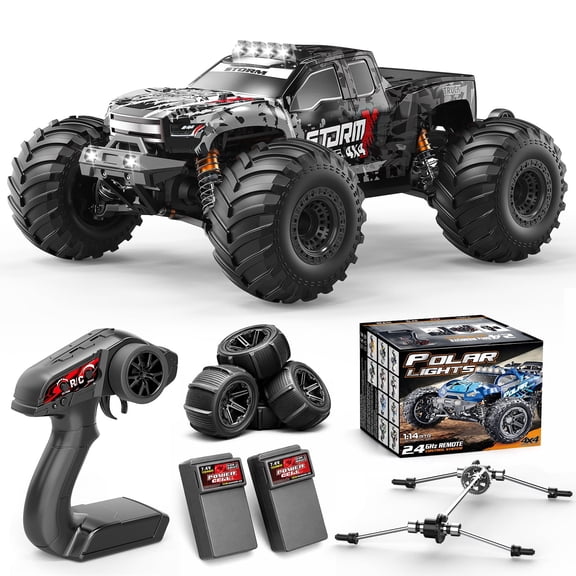 RC Cars 1:14 4WD Off-Road RC Monster Truck High Speed 40 km/h, 4x4 Remote Control Car with 2 Rechargeable 1300mAh Batteries and 2 Sets of Tires for Adults & Boys