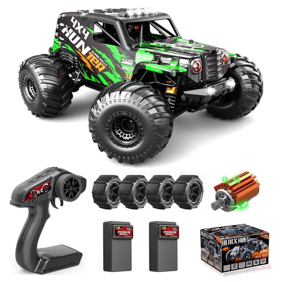 RC Cars 1:14 Scale 4WD Off-Road Monster Truck Rc, 40+ KM/H 4X4 Waterproof ESC Remote Control Car with Dual 7.4V 1300mAh Batteries, Extra Paddle Tires & Full Roll-Cage Frame for Adults & Boys