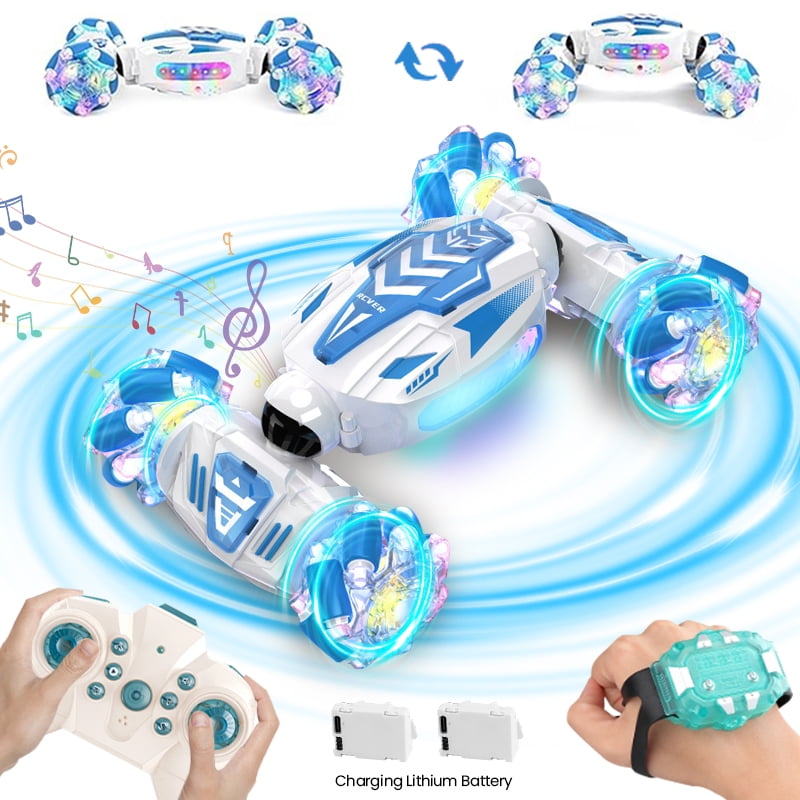 RC Cars with LED Lights Remote Control Stunt Car 360° Roll Toys 2 Batteries 60+min Toys for Kids Age 6-14 ,Gifts for Christmas Birthday（Blue）