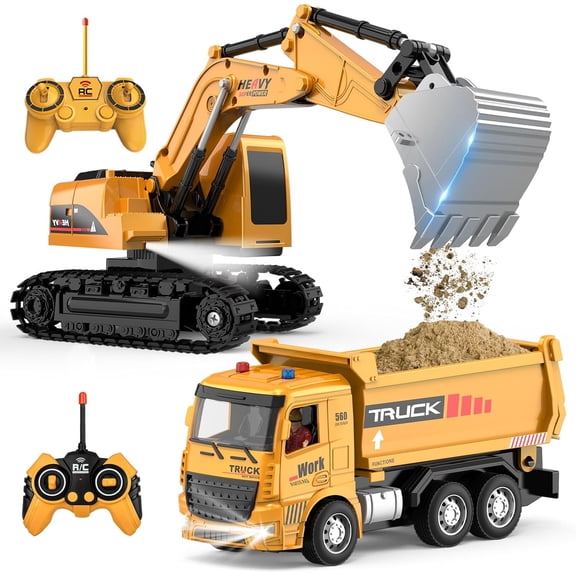 RC Excavator and Dump Truck Toy Set, 2 Pack Remote Control Construction Vehicles with Lights and Sounds, 6-Channel Engineering Truck Playset for Kids Ages 6+