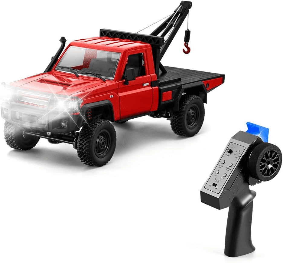 RC Crawler with Functional Crane, 1/12 Scale 4WD RC Truck with LED Lights, Liftable Hook, 2-Speed Modes, 45 Min Play, All-Terrain for Outdoor Crawling, Gift for Adults, Teens (RTR/Red)