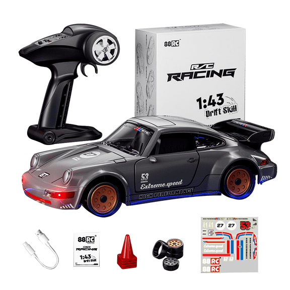 RC Drift Car 1:43 Scale Alloy Destop Remote Control Car with Opening Doors, 2.4GHz Full Proportional Control, Gyro, LED Underflow Lights
