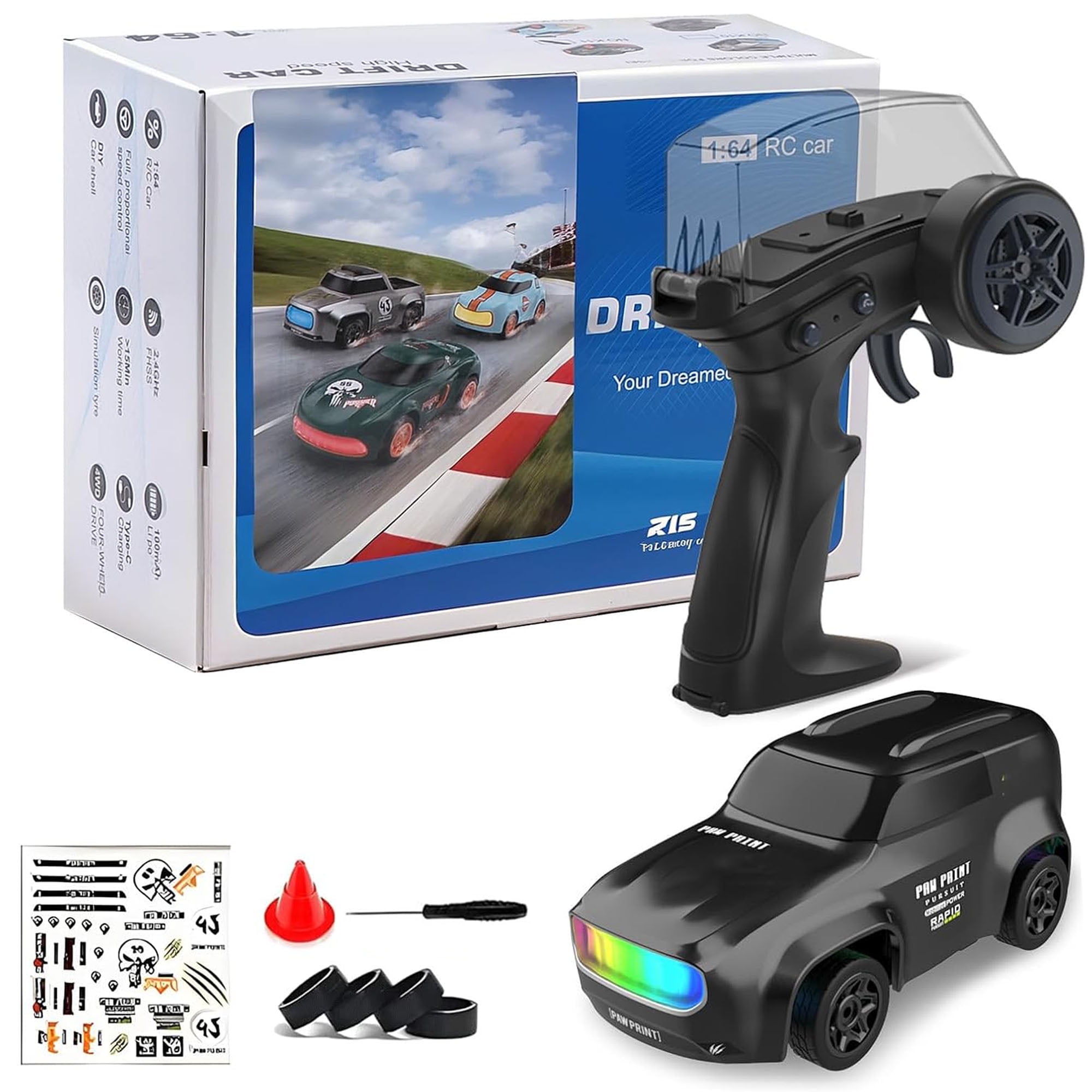 RC Drift Car,1:64 Mini Desktop RC Drift Car, 2.4GHz Scale 4WD High Speed Remote Control Cars Vehicle with LED Lights, Racing Tires, Racing Sport Toy Cars for Adults Boys Girls Kids(Black)