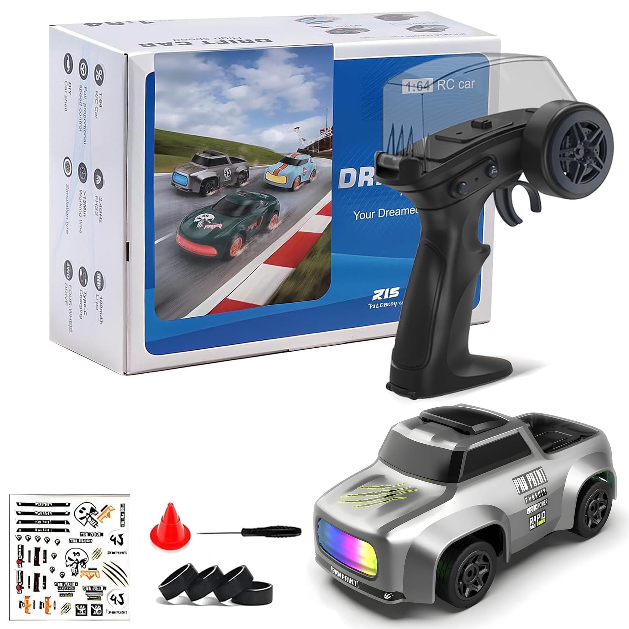 RC Drift Car,1:64 Mini Desktop RC Drift Car, 2.4GHz Scale 4WD High Speed Remote Control Cars Vehicle with LED Lights, Racing Tires, Racing Sport Toy Cars for Adults Boys Girls Kids(Gray)