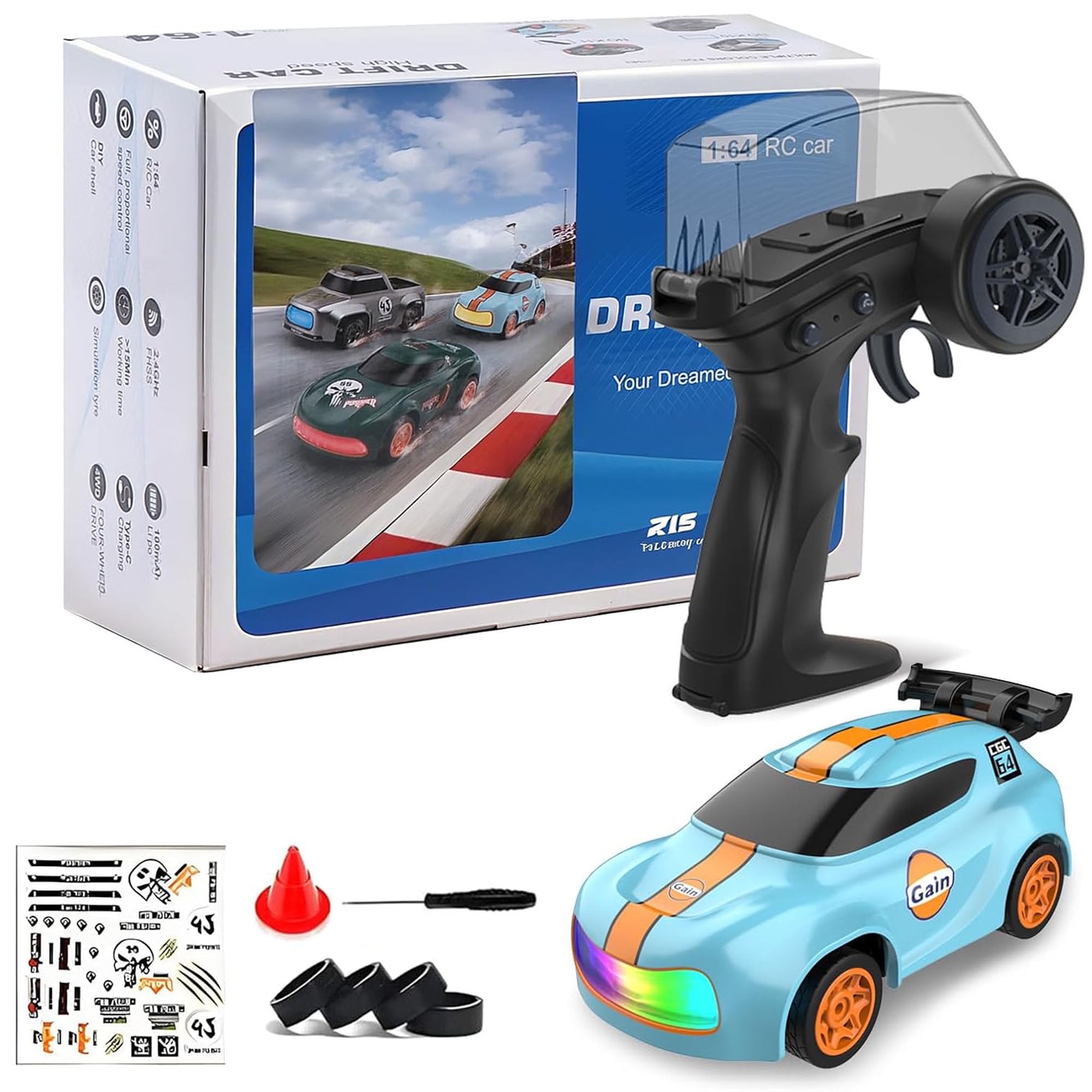 RC Drift Car,1:64 Mini Desktop RC Drift Car, 2.4GHz Scale 4WD High Speed Remote Control Cars Vehicle with LED Lights, Racing Tires, Racing Sport Toy Cars for Adults Boys Girls Kids(Blue)