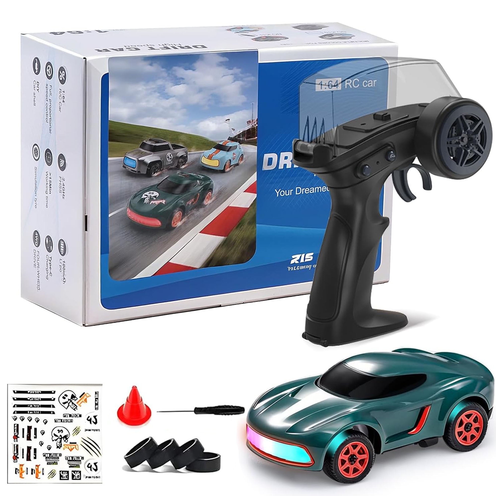 RC Drift Car,1:64 Mini Desktop RC Drift Car, 2.4GHz Scale 4WD High Speed Remote Control Cars Vehicle with LED Lights, Racing Tires, Racing Sport Toy Cars for Adults Boys Girls Kids(Green)