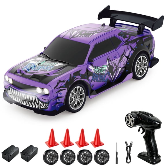 Tucraew RC Drift Car, 1:24 Remote Control Drift Car 2.4GHz 4WD Racing Vehicle with LED Lights, Double Batteries & Drifting Tires for Kids Boys Gift