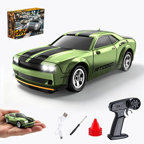 1/64 RC Drift Car 4WD with LED Lights, Mini Remote Control Racing Toy for Kids(Green)
