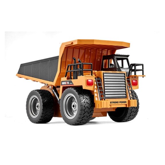 RC Dump Truck, 9-Channel 1:18 Scale Construction Vehicle, Metal Bed & Lights, 2 Batteries