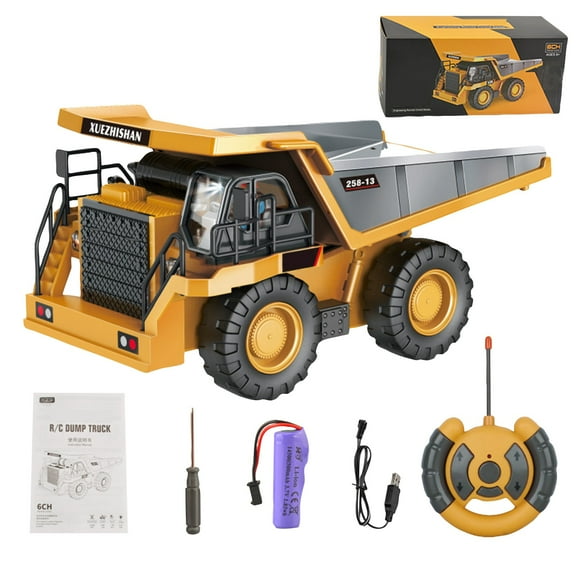 RC Dump Truck Toy, Remote Control Play Truck Construction Vehicles, 9CH 2.4Ghz Electric Trucks with Metal Bed & Light, 2 Rechargeable Batteries RC Car Toys for Halloween Chirstmas Birthday Gifts