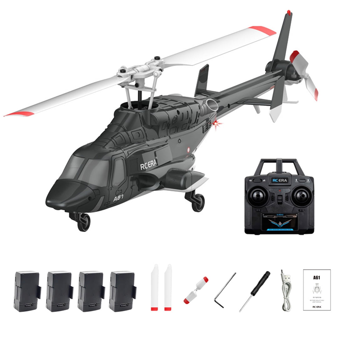 RC ERA A61 Single Rotor RC Helicopter, 1/53 Scale 4CH Remote Control Helicopter with One-Key Takeoff/Landing, Fixed Height & Optical Flow, 2.4GHz RC Aircraft Model with 4 Batteries,Black