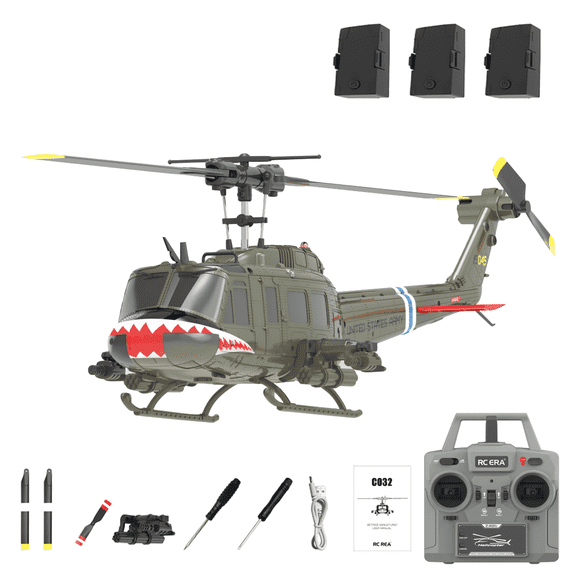 C032 6-Axis Gyro Flybarless RC Helicopter with One-Key Takeoff/Landing, 1/48 Scale UH-1 Huey 6CH 3D Invert Flight Brushless RC Helicopter with Altitude Hold & Optical Flow Positioning