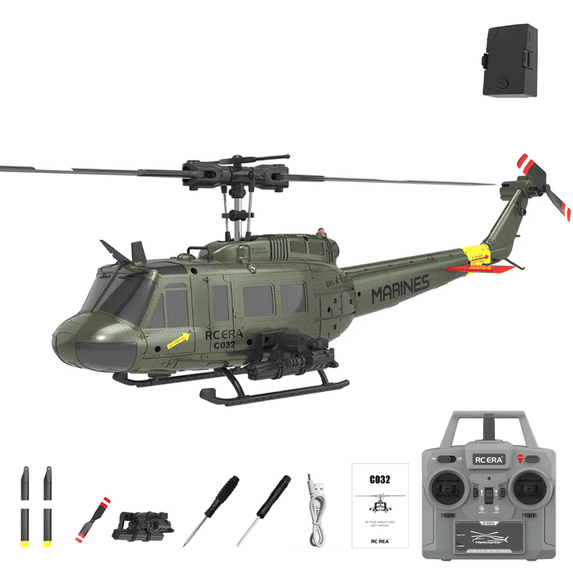 RC ERA C032 RC Helicopter with 3D Invert Flight, 1/48 UH-1 Huey 6CH 6-Axis Gyro Flybarless One-Key Takeoff/Landing RC Helicopter with Altitude Hold & Optical Flow Positioning for Enthusiasts