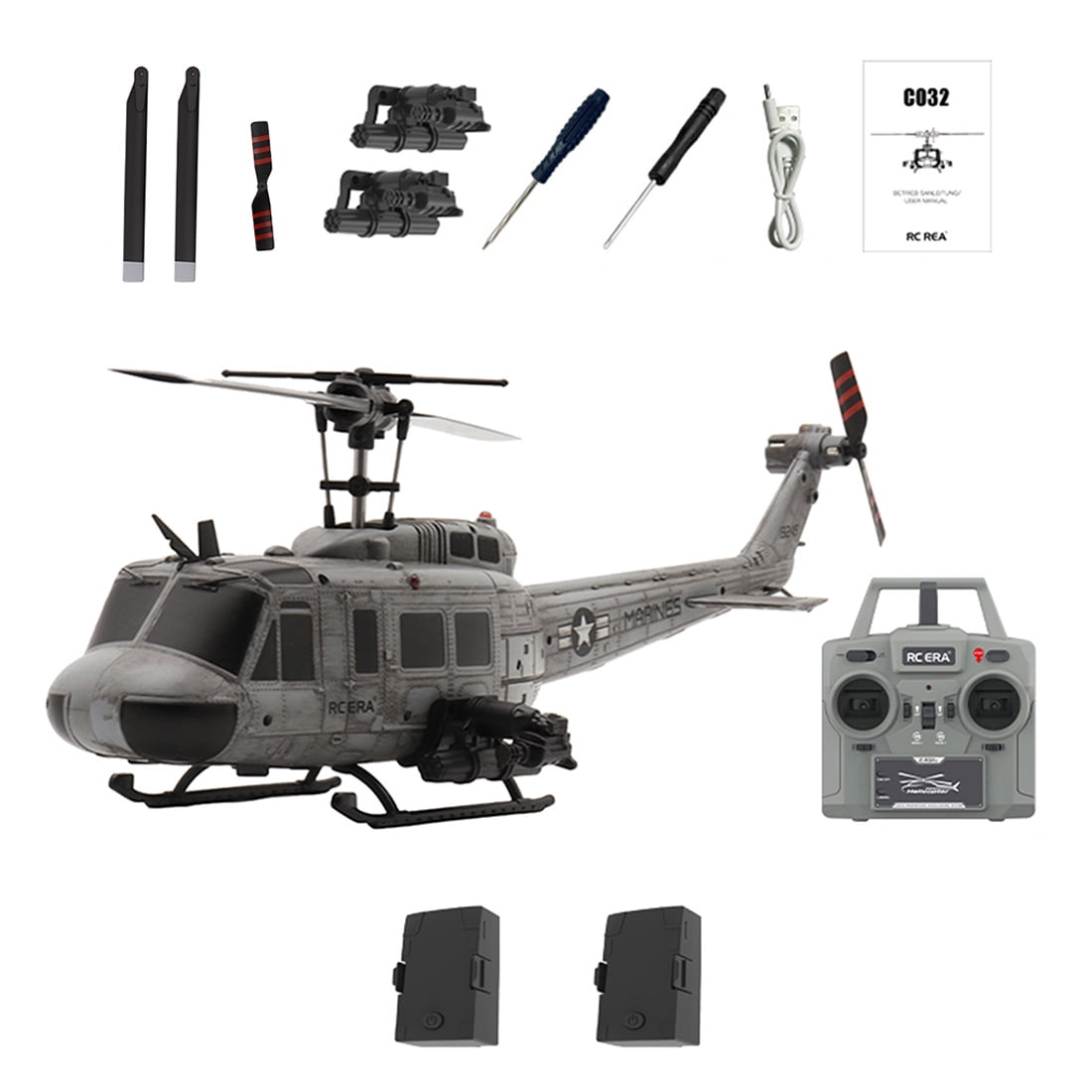 RC-ERA C032 UH-1 Huey 1/48 RC Helicopter 6CH Flybarless Brushless Aircraft with Optical Flow Positioning, TOF Altitude Hold, 6 Axis Gyro, One Key Inverted Flight, RTF for Adults, Gray - 2 battery