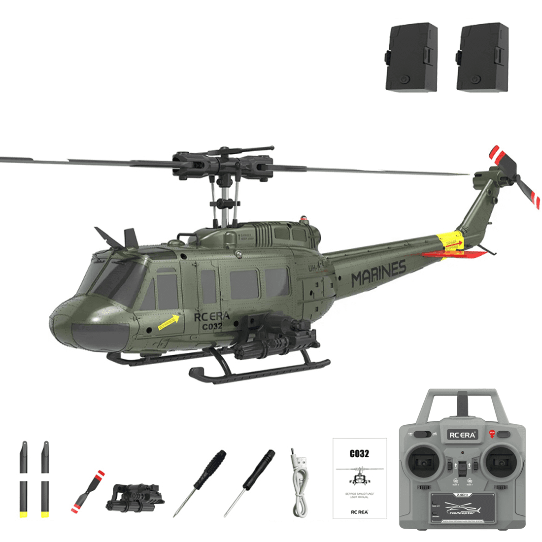 RC ERA C032 UH-1 Huey 1/48 Scale RC Helicopter for Adults, 6CH 2.4G Gyro Stabilized Aircraft with Fly Upside Down 3D Rolling & Altitude Brushless Motor -RTF/2 Battery