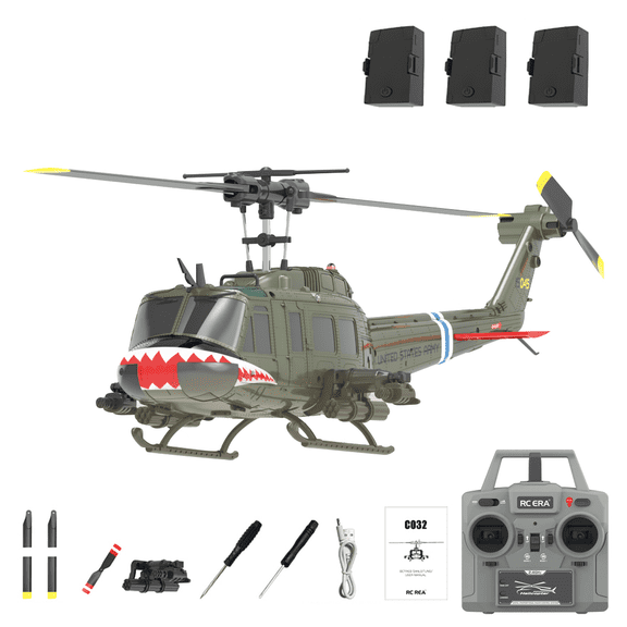 RC ERA C032 UH-1 Huey 1/48 Scale RC Helicopter for Adults, 6CH 2.4G Gyro Stabilized Aircraft with Fly Upside Down 3D Rolling & Altitude Brushless Motor -RTF/3 Battery