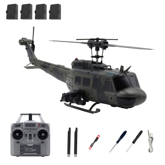 RC-ERA C032 UH-1 Huey 6CH 1/48 RC Helicopter RTF Flybarless Brushless Remote Control Aircraft with Optical Flow Positioning, Altitude Hold, One Key 3D Inverted Flight for Adults - 4 Battery