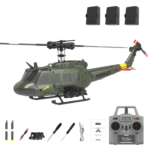 RC ERA C032 UH-1 Huey 6CH RC Helicopter for Adults, Flybarless Gyro Stabilized with Optical Flow & TOF, One-Key 3D Inverted, Brushless, Remote Control Helicopter Hobby (Green-3 Battery)