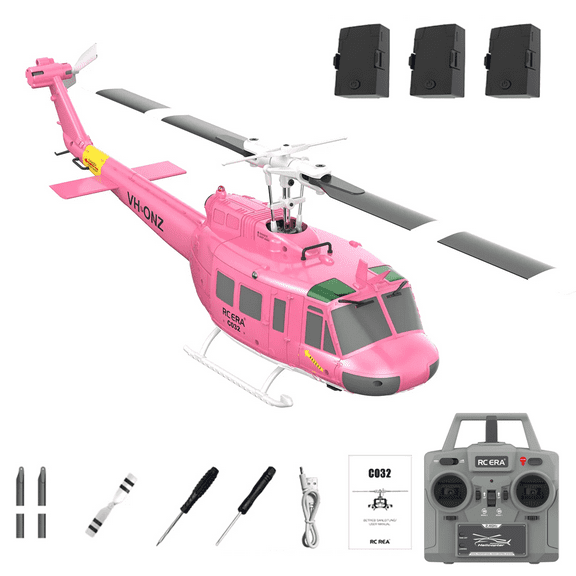 RC ERA C032 UH-1 Huey 6CH RC Helicopter for Adults, Flybarless Gyro Stabilized with Optical Flow & TOF, One-Key 3D Inverted, Brushless, Remote Control Helicopter Hobby (Pink-3 Battery)