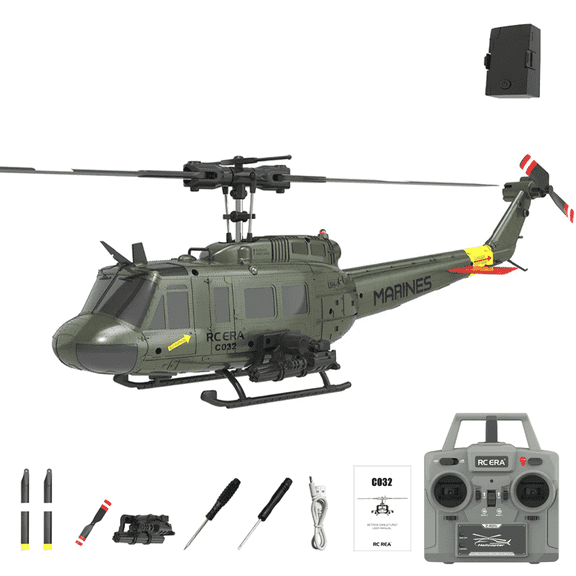 RC ERA C032 UH-1 Huey 6CH RC Helicopter for Adults, 1/48 Scale with 6-Axis Gyro, Altitude Hold & 3D Inverted Flight, 2.4G Remote Control, Ready to Fly Green -1 battery
