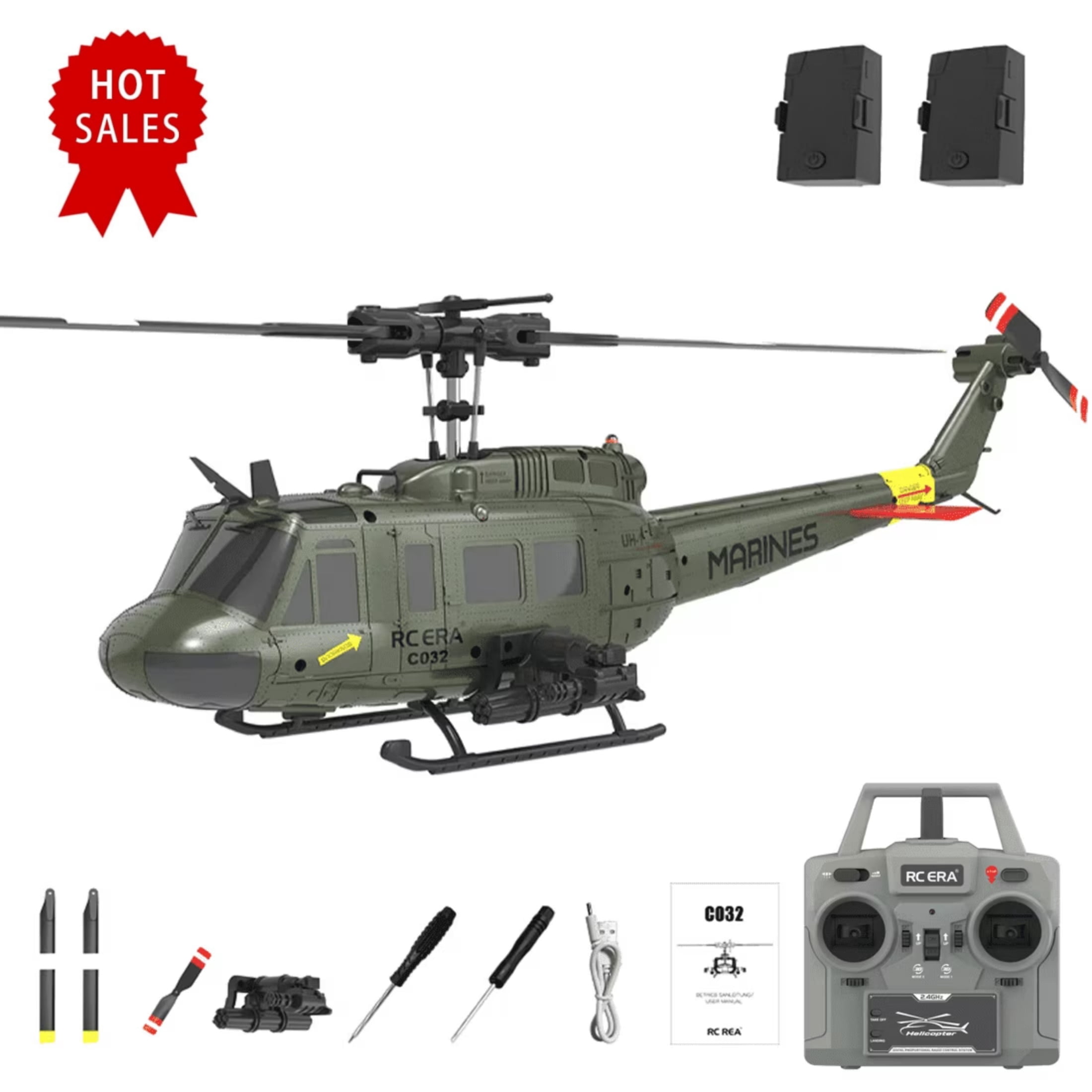 RC ERA C032 UH-1 Huey 6CH RC Helicopter for Adults, 1/48 Scale with 6-Axis Gyro, Altitude Hold & 3D Inverted Flight, 2.4G Remote Control, Ready to Fly Green - 2 Batteries