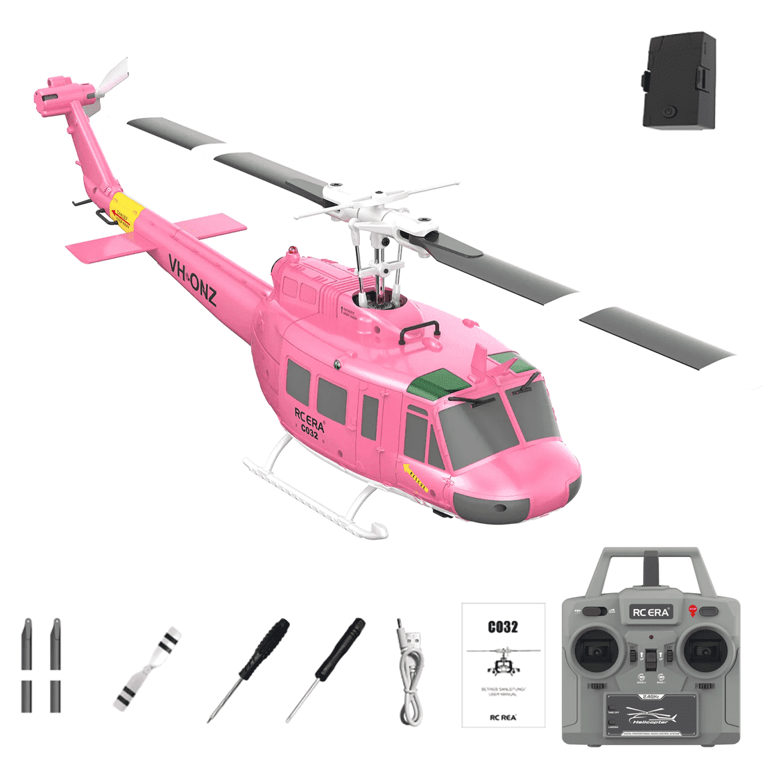 RC ERA C032 UH-1 Huey 6CH RC Helicopter for Adults, 1/48 Scale with 6-Axis Gyro, Altitude Hold & 3D Inverted Flight, 2.4G Remote Control, Ready to Fly Pink -1 battery